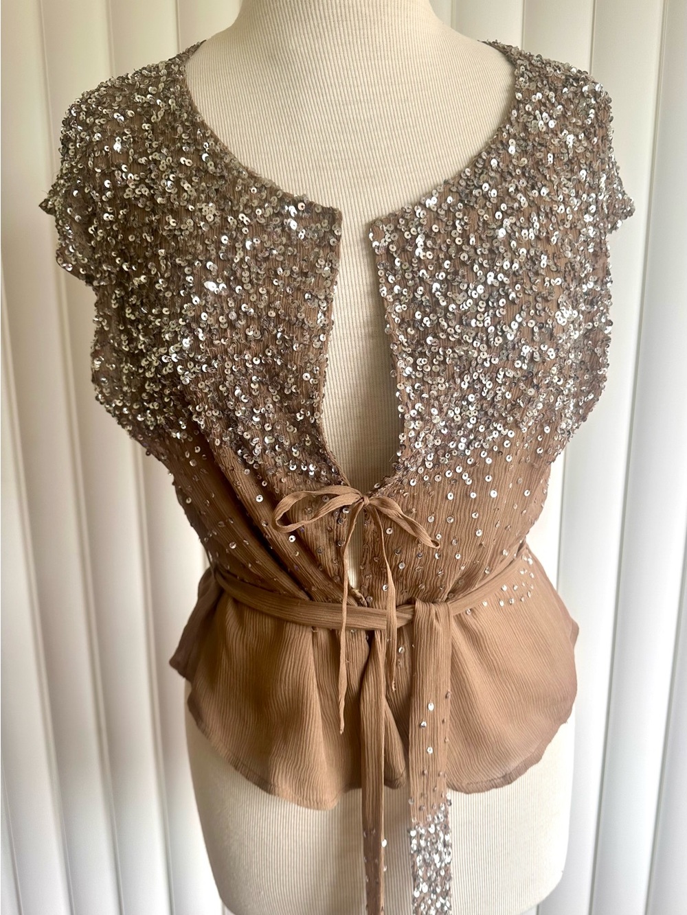 Gerard Darel Sequin-Embellished Tie-Waist Blouse in Light Brown